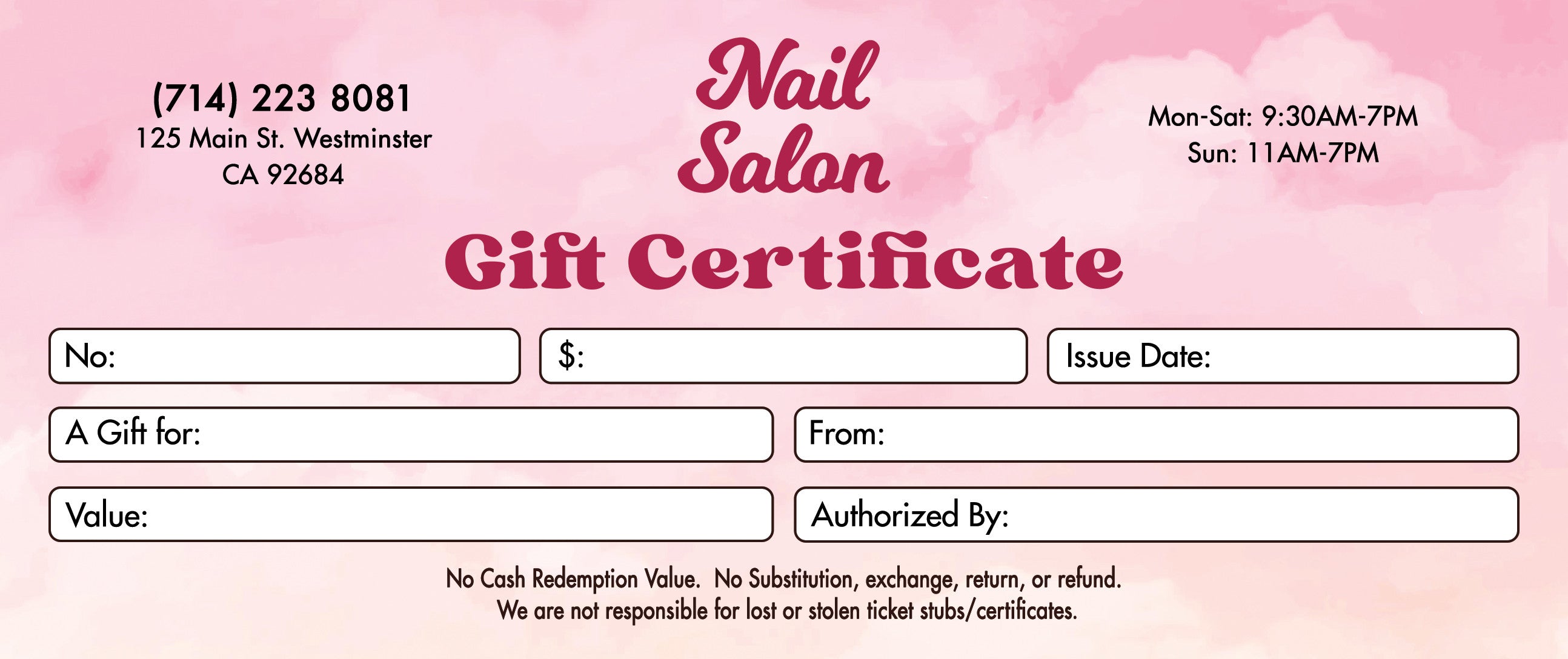 Gift Certificate without Stub - 15