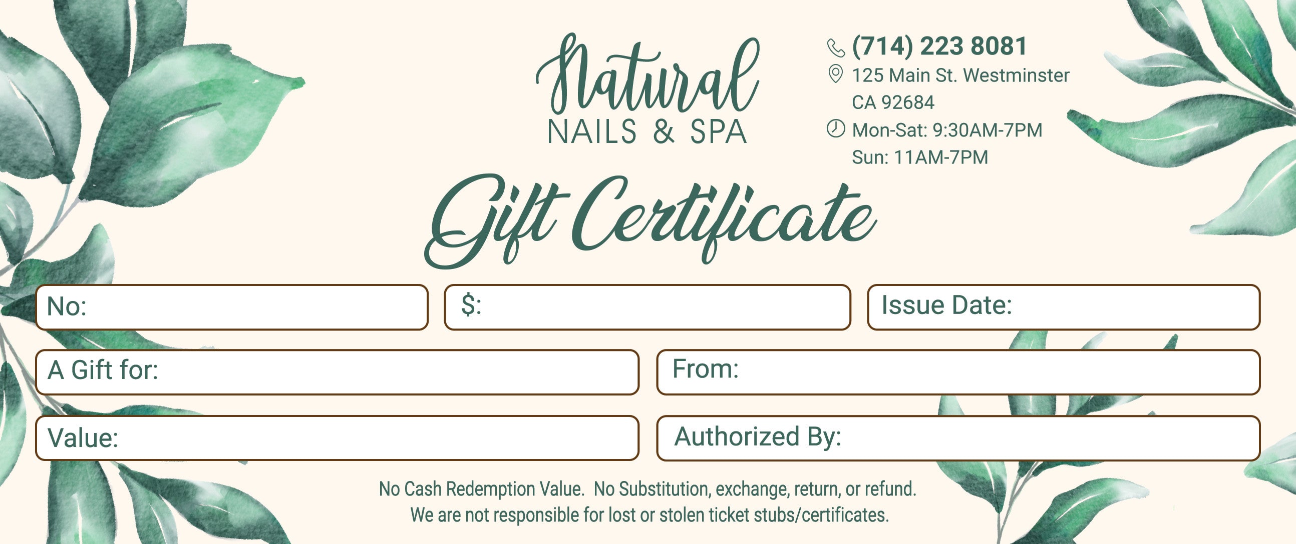 Gift Certificate without Stub - 18