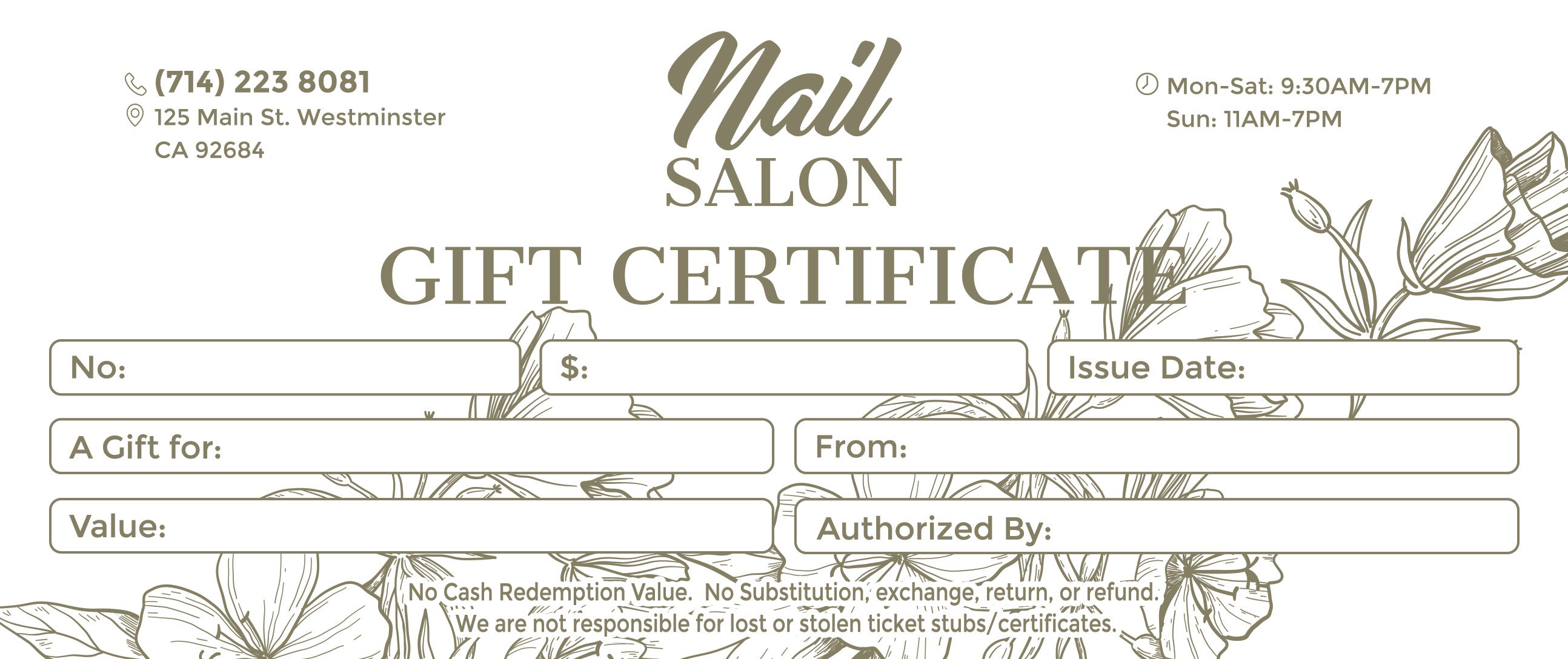 Gift Certificate without Stub - 20